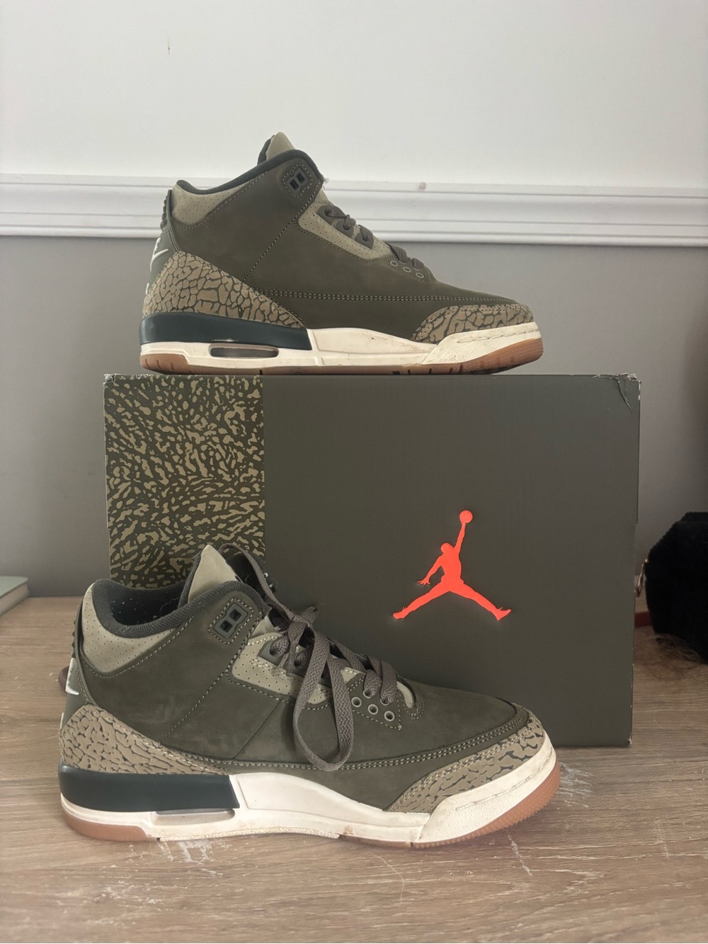 Jordan 3 Retro Olive Green with Elephant Print